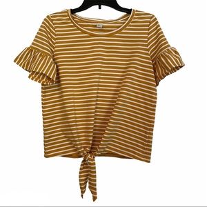 Mustard and White Striped Blouse, Bell Sleeves, Knotted Detailing, Size Small